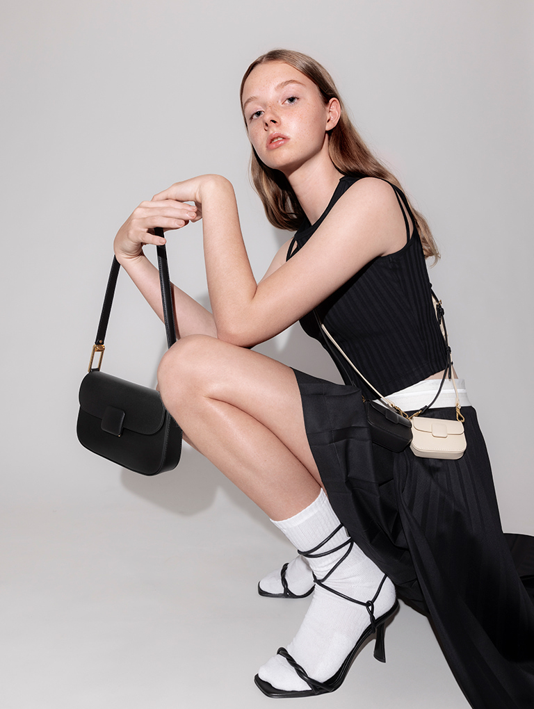 Women’s Koa square push-lock shoulder bag, mini Koa square push-lock bag, and leather lace-up blade heel sandals  - CHARLES & KEITH