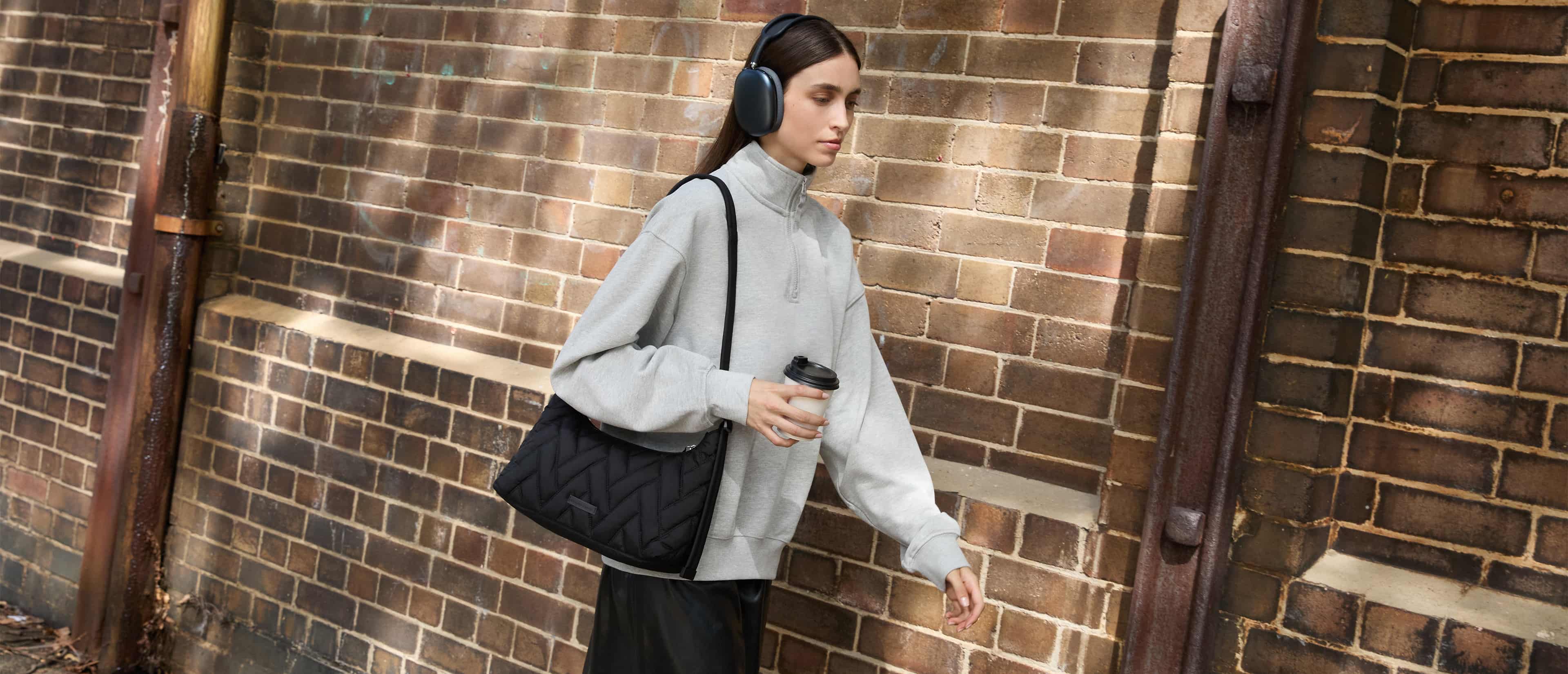 Women's Nylon Chevron Shoulder bag in black - CHARLES & KEITH