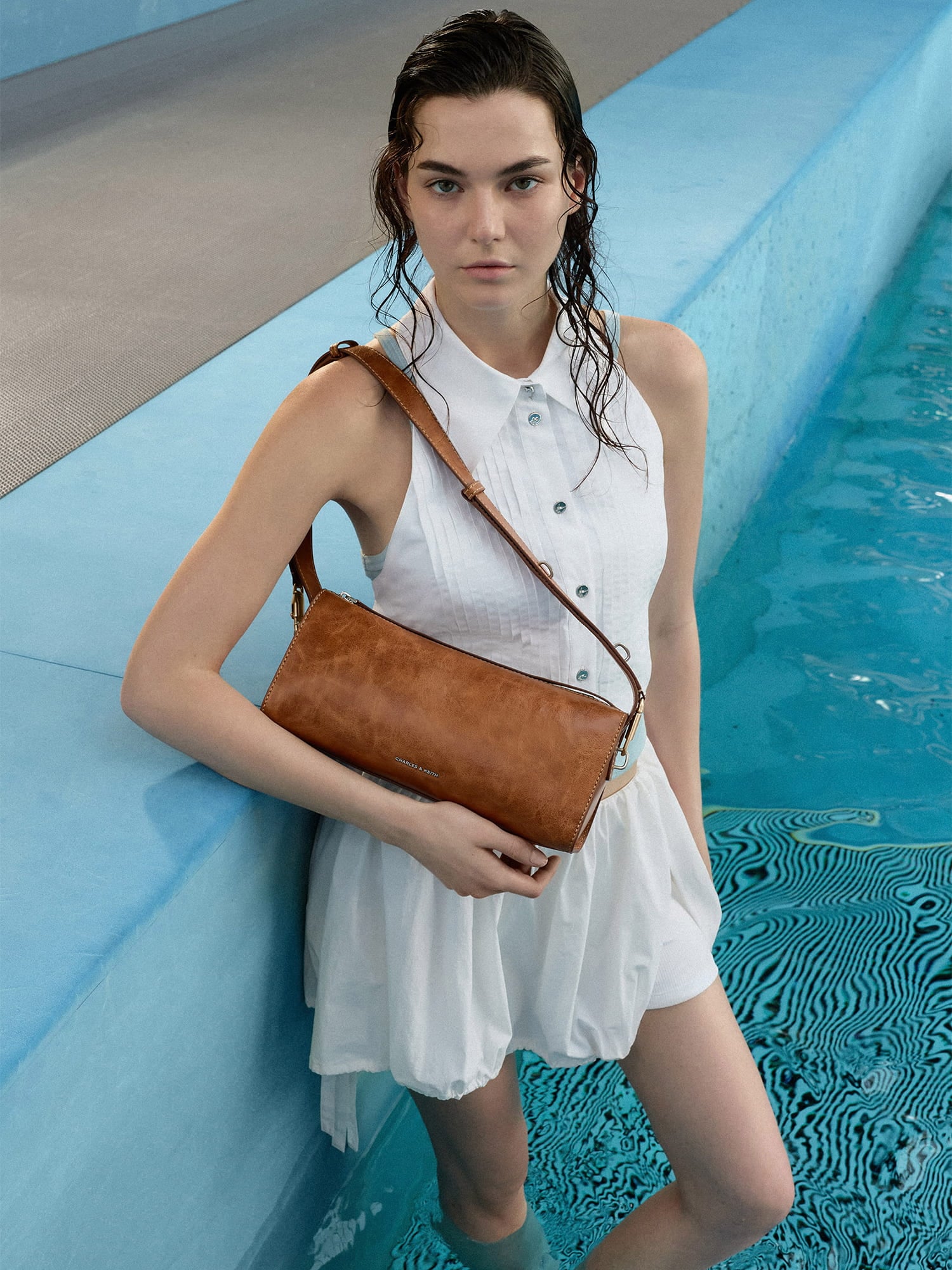 Distressed Tan Delfina Elongated Shoulder Bag -  CHARLES & KEITH