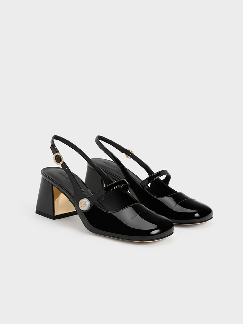 Women’s Black Patent Pearl Embellished Trapeze-Heel Slingback Pumps - CHARLES & KEITH