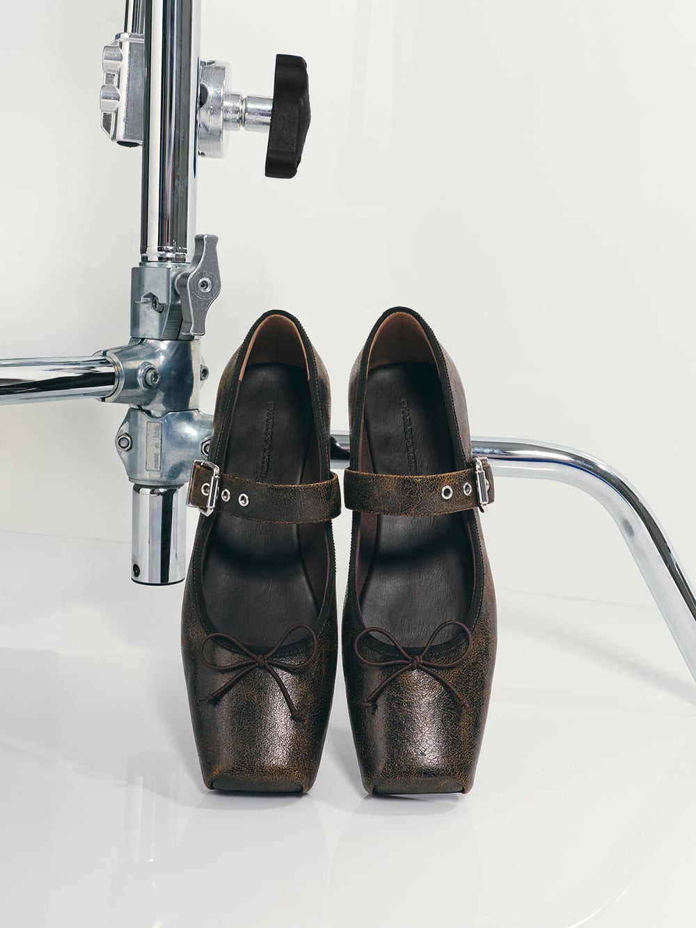 Dark Brown Myler Crinkle-Effect Bow Square-Toe Buckled Mary Janes - CHARLES & KEITH