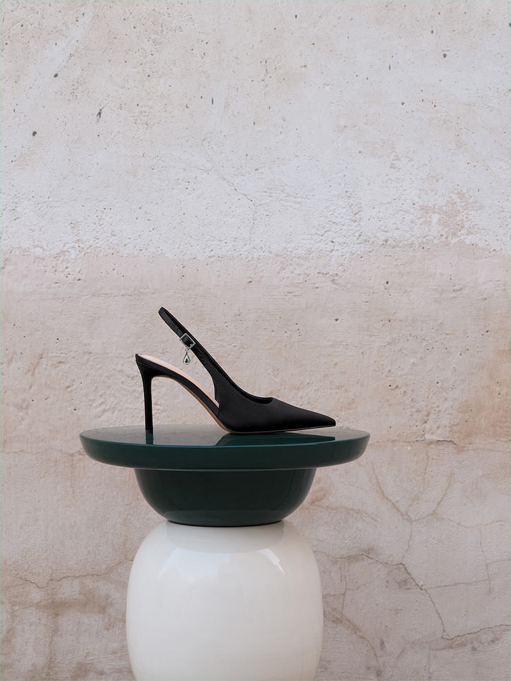 Black Textured Satin Teardrop-Crystal Stiletto-Heel Slingback Pumps - CHARLES & KEITH