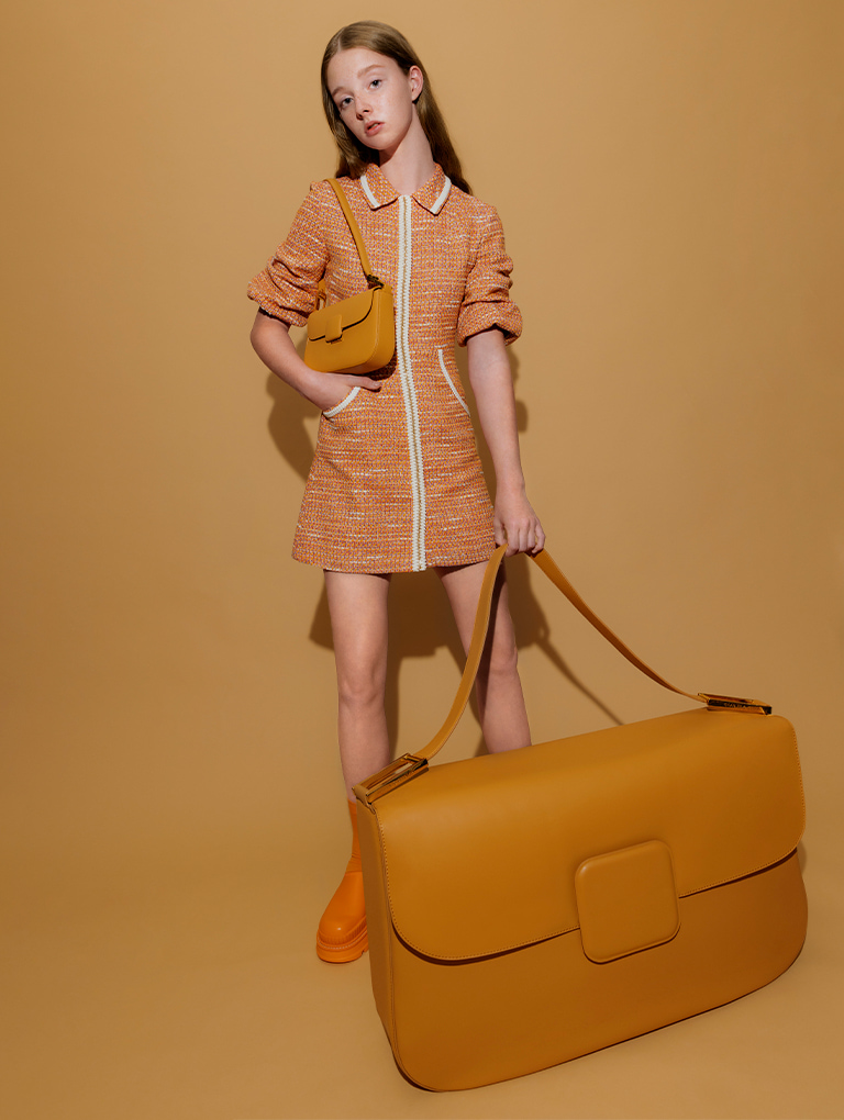 Women’s Koa square push-lock shoulder bag and chunky round toe mules in orange - CHARLES & KEITH