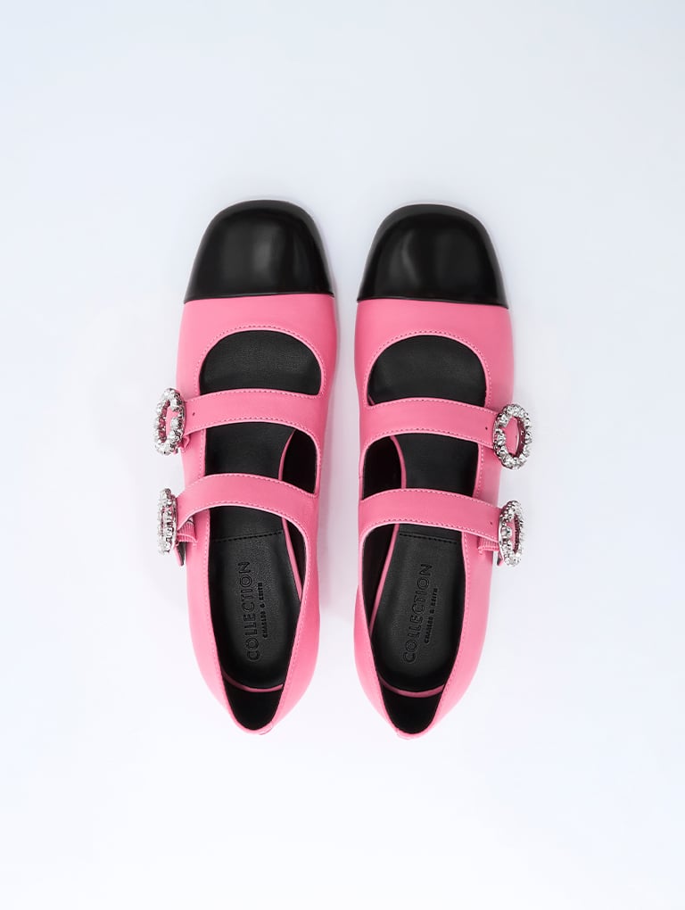 Women’s double buckle-embellished leather Mary Janes in pink - CHARLES & KEITH
