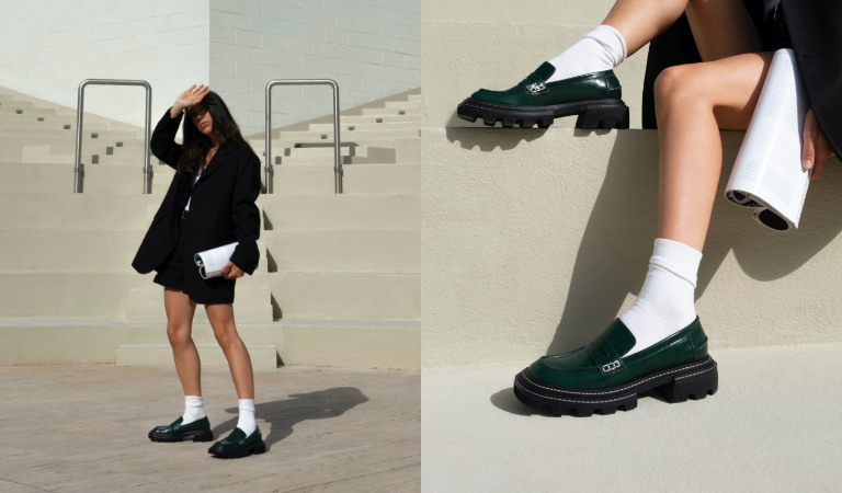 Women’s Perline chunky loafers in dark green, as seen on Sophia Ippoliti – CHARLES & KEITH