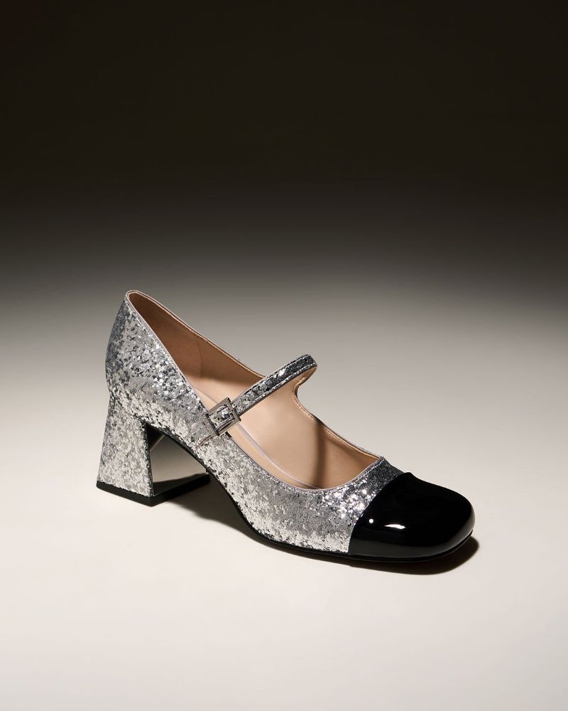Women’s patent glittered trapeze-heel mary-janes in silver - CHARLES & KEITH