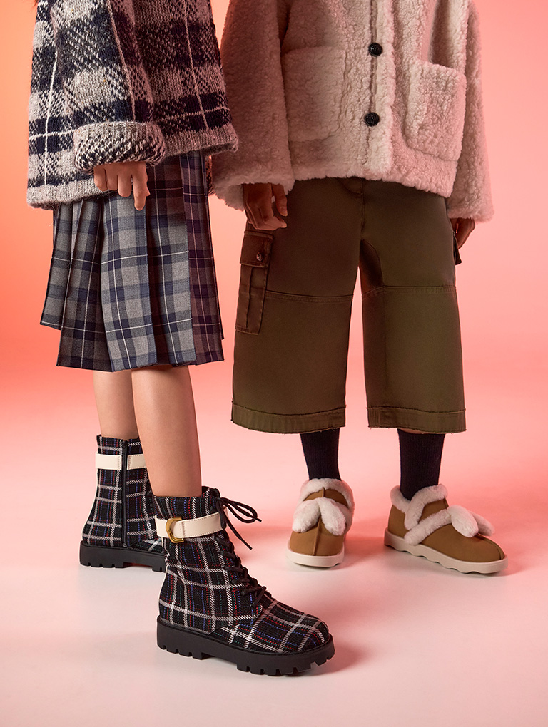 Girls' Fur-Trim Boots in camel and Gabine Check-Print Lace-Up Ankle Boots in textured black  - CHARLES & KEITH