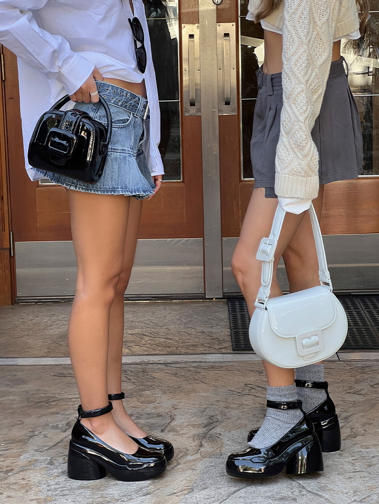 Women’s Lula Patent Chunky Heel Pumps in black, Lula Patent Belted Bag in black and Lula Patent Buckled Bag in light grey - CHARLES & KEITH