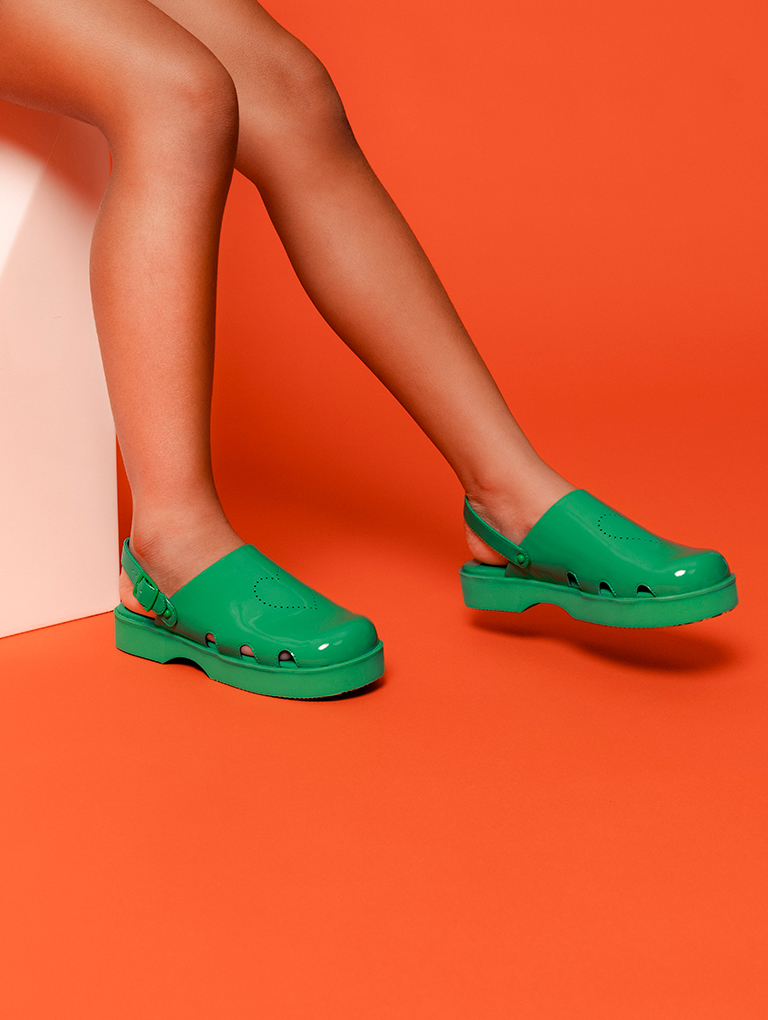 Girls' Heart-Motif Patent Clogs with green  - CHARLES & KEITH