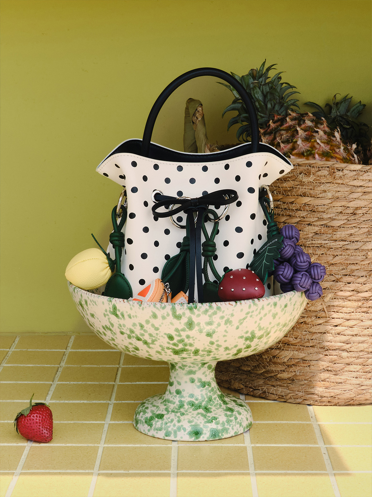 Cream Hazel Polka-Dot Bow Bucket Bag -  CHARLES & KEITH