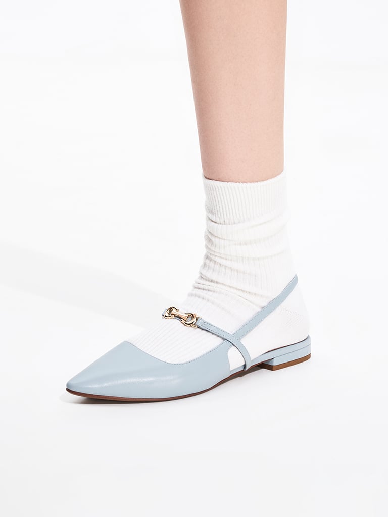 Women’s metallic-accent pointed-toe slingback flats in light blue - CHARLES & KEITH