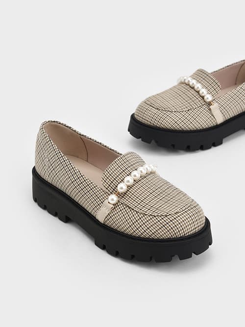 Girls' Check-Print Pearl-Embellished Loafers
