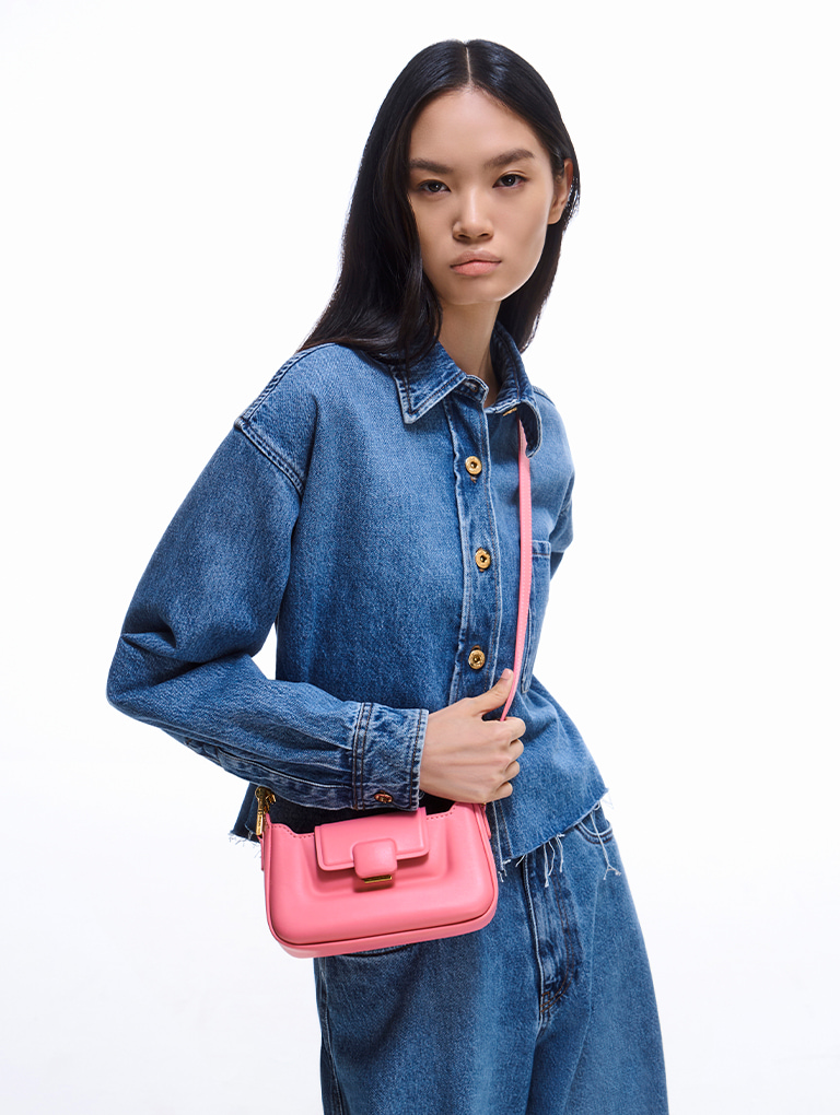 Women’s Koa leather push-lock top handle bag in pink - CHARLES & KEITH