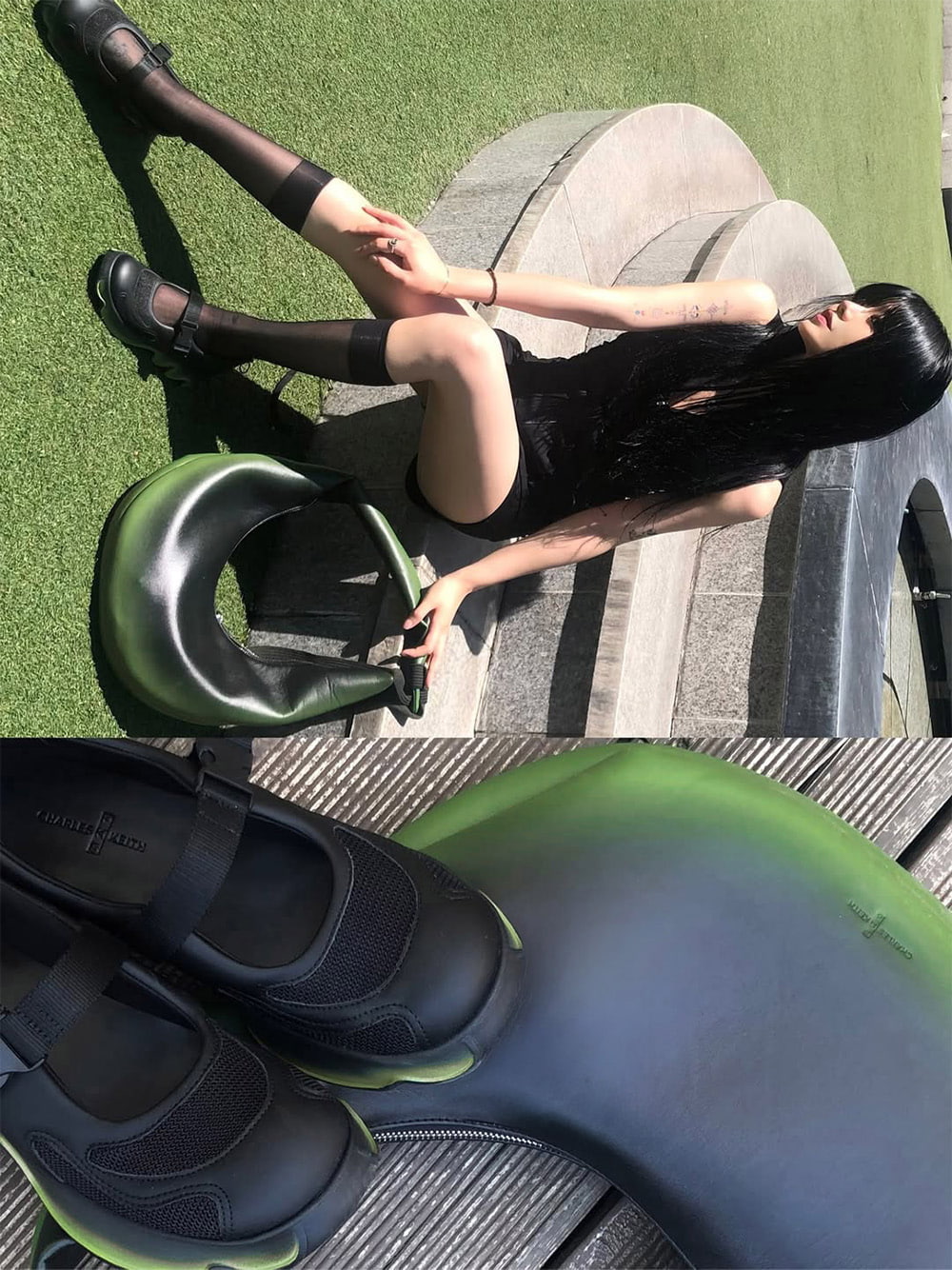 Women’s Toni gradient knotted crescent hobo bag and mesh gradient wave Mary Jane sneakers, as seen on Seomi Son