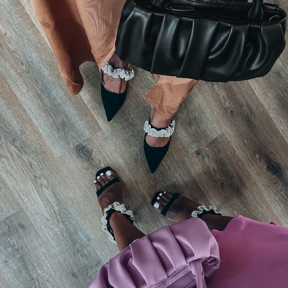 Women’s Claudette ruched top handle bags, gem-encrusted ruched strap textured mules and gem-encrusted ruffle strap stiletto sandals, as seen on Nasteha and Nuni Yusuf – CHARLES & KEITH