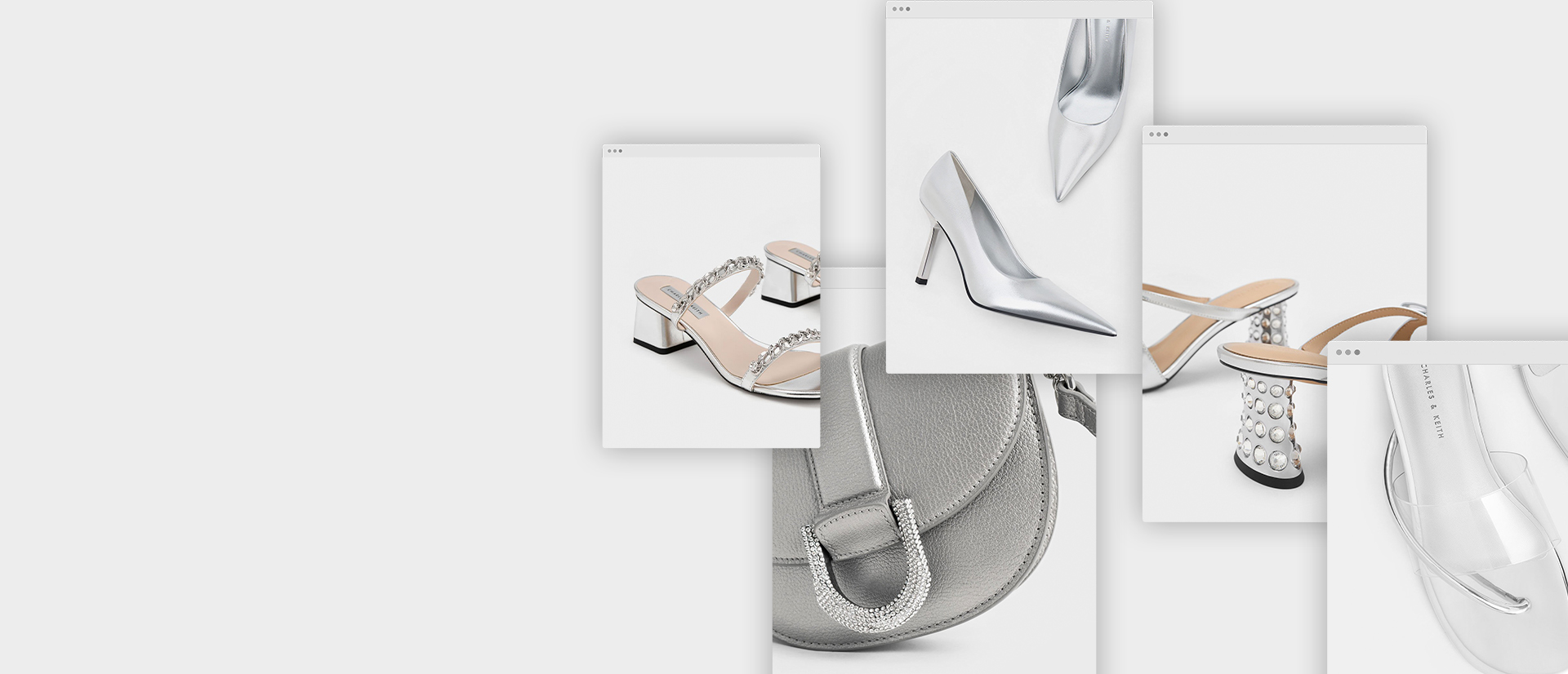 Women’s beaded heel glittered bow mules, chain-link block heel sandals, silver transparent thong sandals, Hera metallic pyramid clutch and mini Gabine leather saddle bag in pewter - CHARLES & KEITH