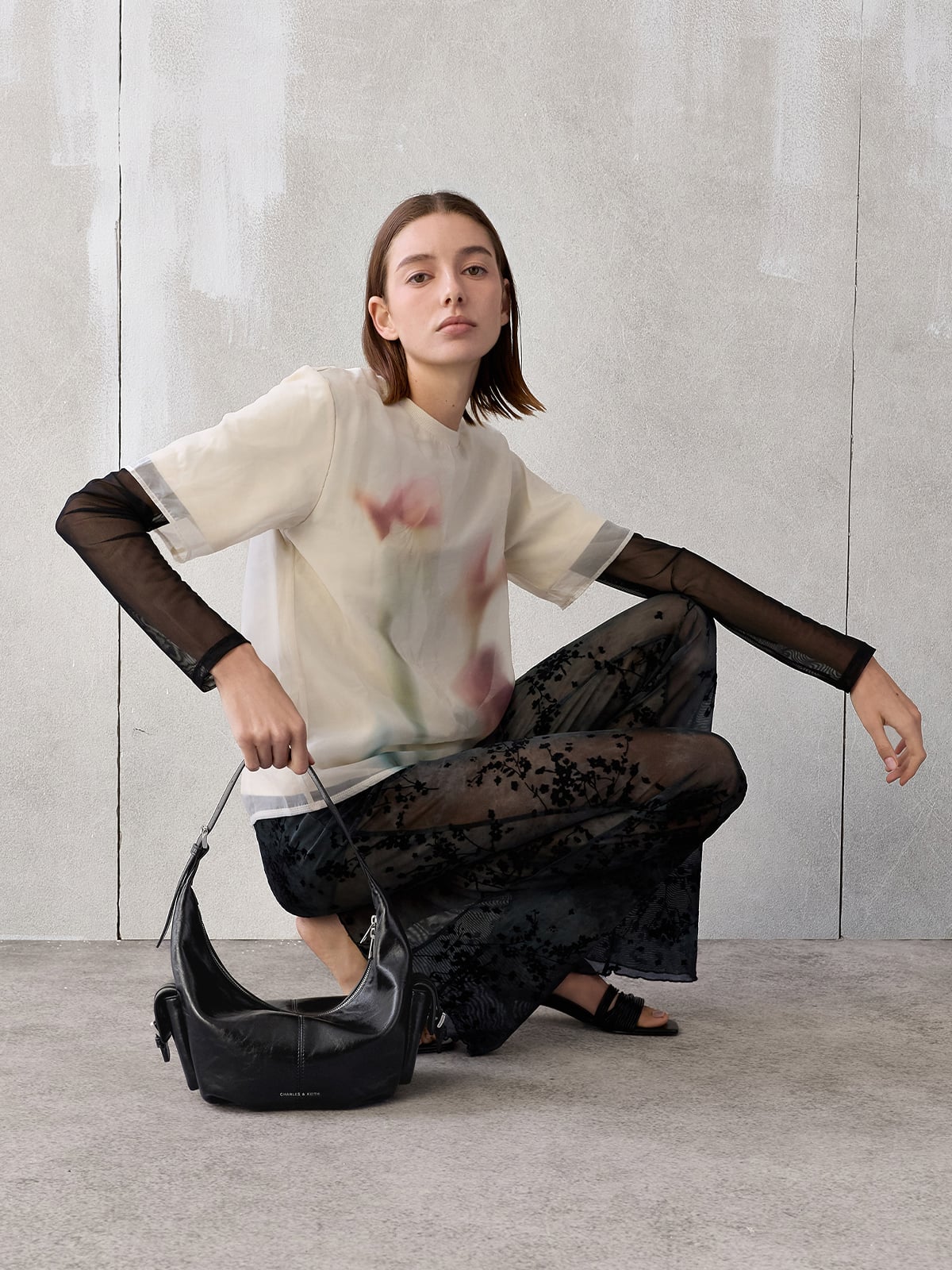 Noir Bessie Side-Pocket Hobo Bag -  CHARLES & KEITH
