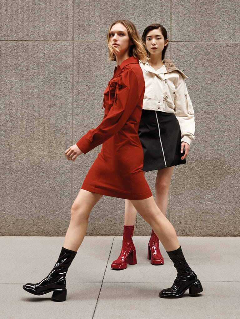 Lula Patent Chunky Heel Calf Boots in black and Lula Patent Block Heel Boots in red - CHARLES & KEITH