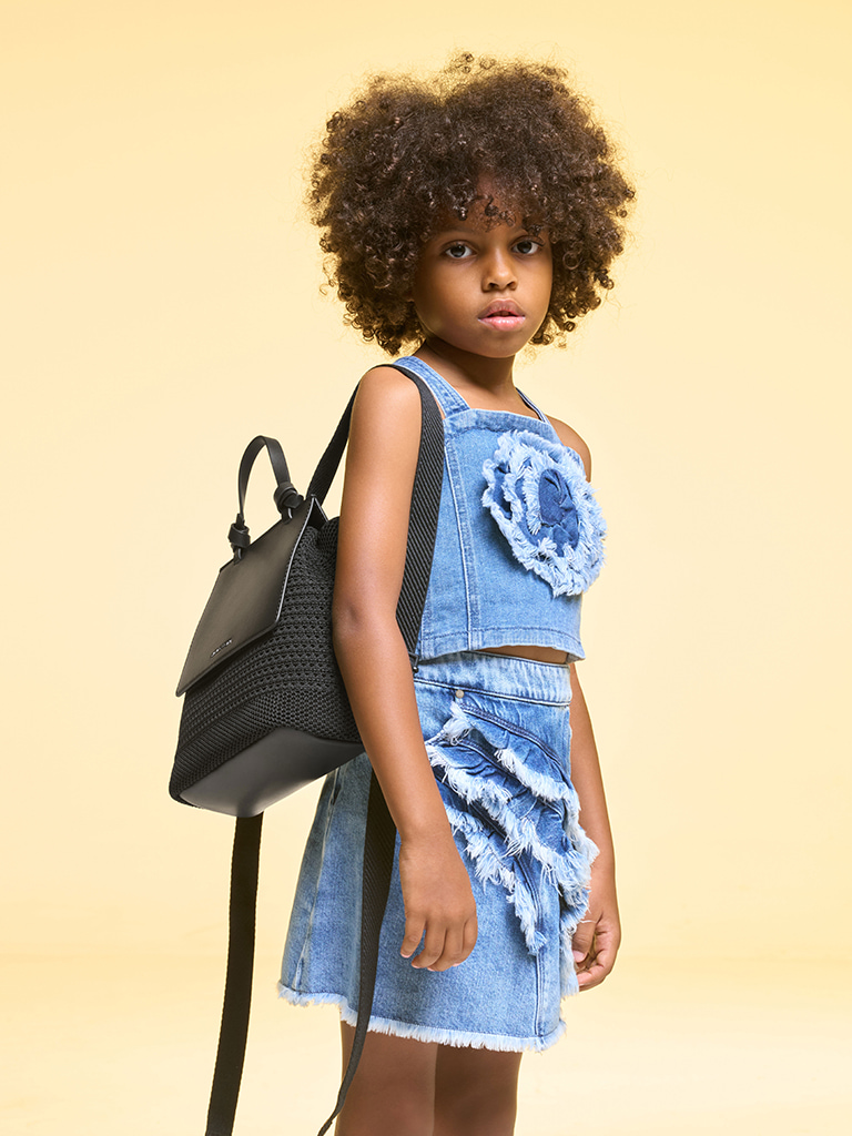 Girls’ Ida knitted front flap backpack in black - CHARLES & KEITH