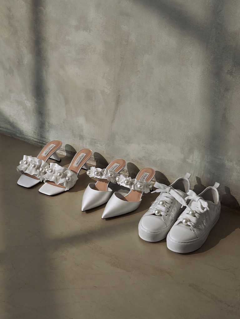 Women’s Blythe Bead-Embellished Satin Mules, Blythe Bead Embellished Satin Pumps and Blythe Leather & Satin Bead-Embellished Sneakers, all in white - CHARLES & KEITH