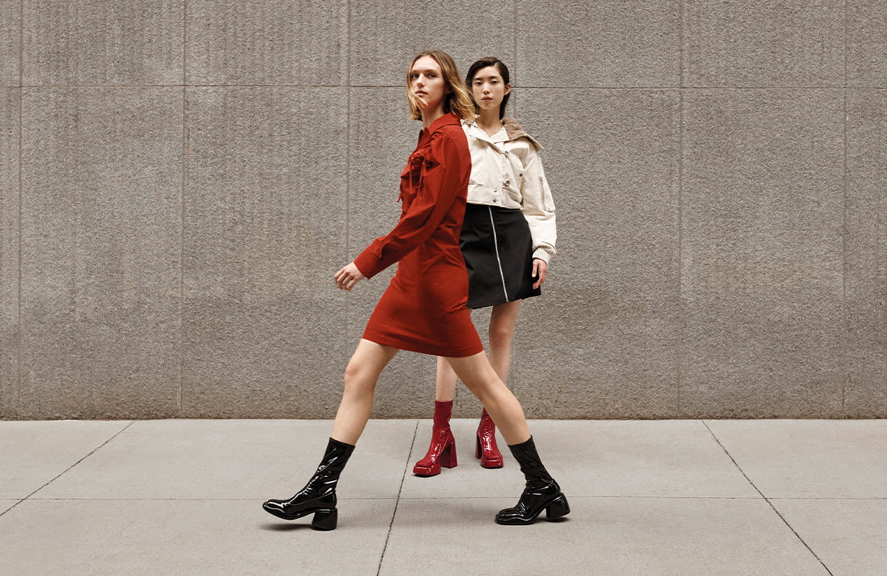 Lula Patent Chunky Heel Calf Boots in black and Lula Patent Block Heel Boots in red - CHARLES & KEITH