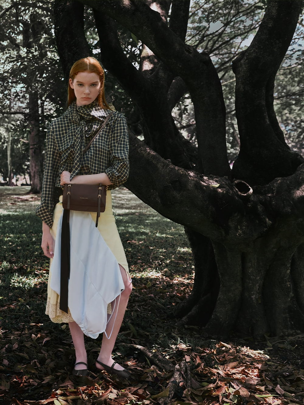 Mini Levy Nylon shoulder bag in espresso brown and Ellory Mesh Slingback Mary Jane flats in black textured - CHARLES & KEITH