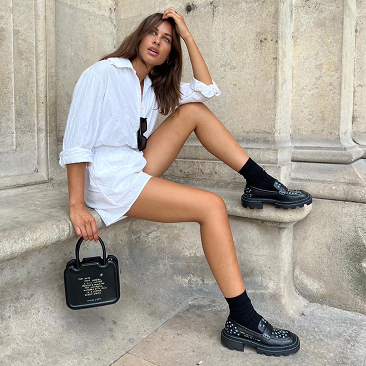 Women’s Coco Capitán x CHARLES & KEITH: Perline Chunky Penny Loafers and Perline Double Handle Sculptural Tote Bag, both in black – CHARLES & KEITH