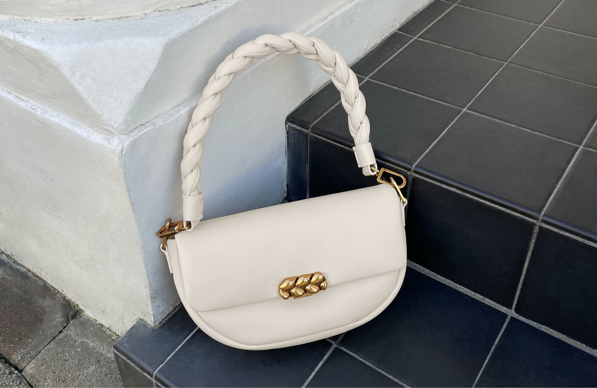 Women’s beaded furry step-back loafers in chalk and double handle elongated tote bag in dark oak, as seen on Lily May Mac - CHARLES & KEITH