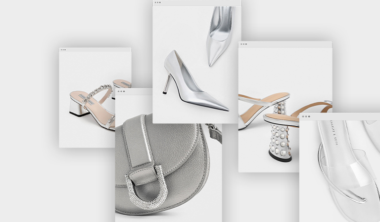 Women’s beaded heel glittered bow mules, chain-link block heel sandals, silver transparent thong sandals, Hera metallic pyramid clutch and mini Gabine leather saddle bag in pewter – CHARLES & KEITH