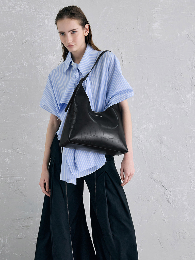 Women’s Liv croc-effect hobo bag in noir  - CHARLES & KEITH