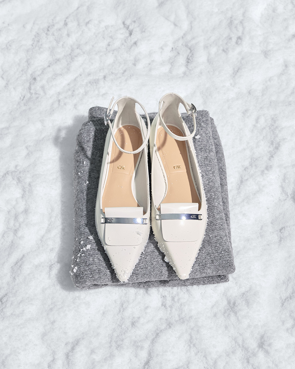 Women’s leather metallic-accent pointed-toe ankle-strap flats in chalk  - CHARLES & KEITH
