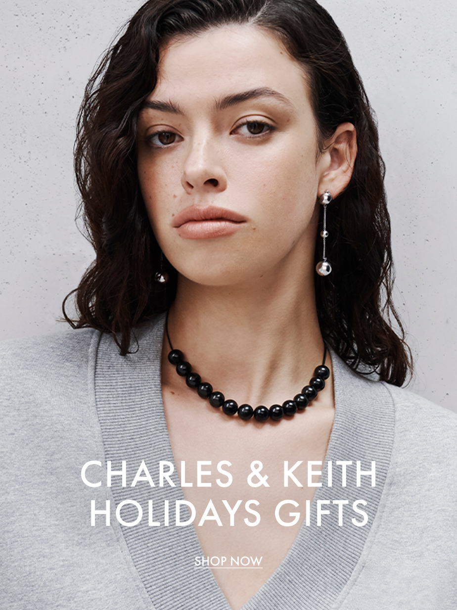 Women's black metallic beaded necklace and silver metallic sphere crystal-embellished drop earrings - CHARLES & KEITH