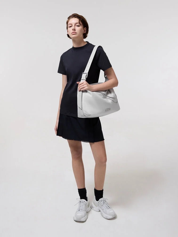 Women’s nylon chain-link slouchy shoulder bag in light grey – CHARLES & KEITH