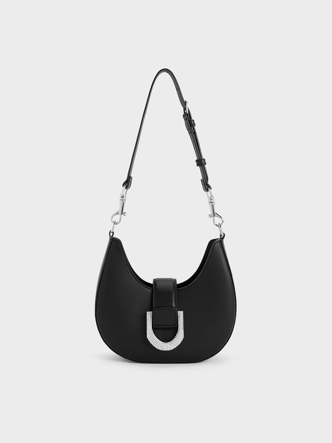 Noir Gabine Leather CrystalEmbellished Hobo Bag CHARLES & KEITH PL