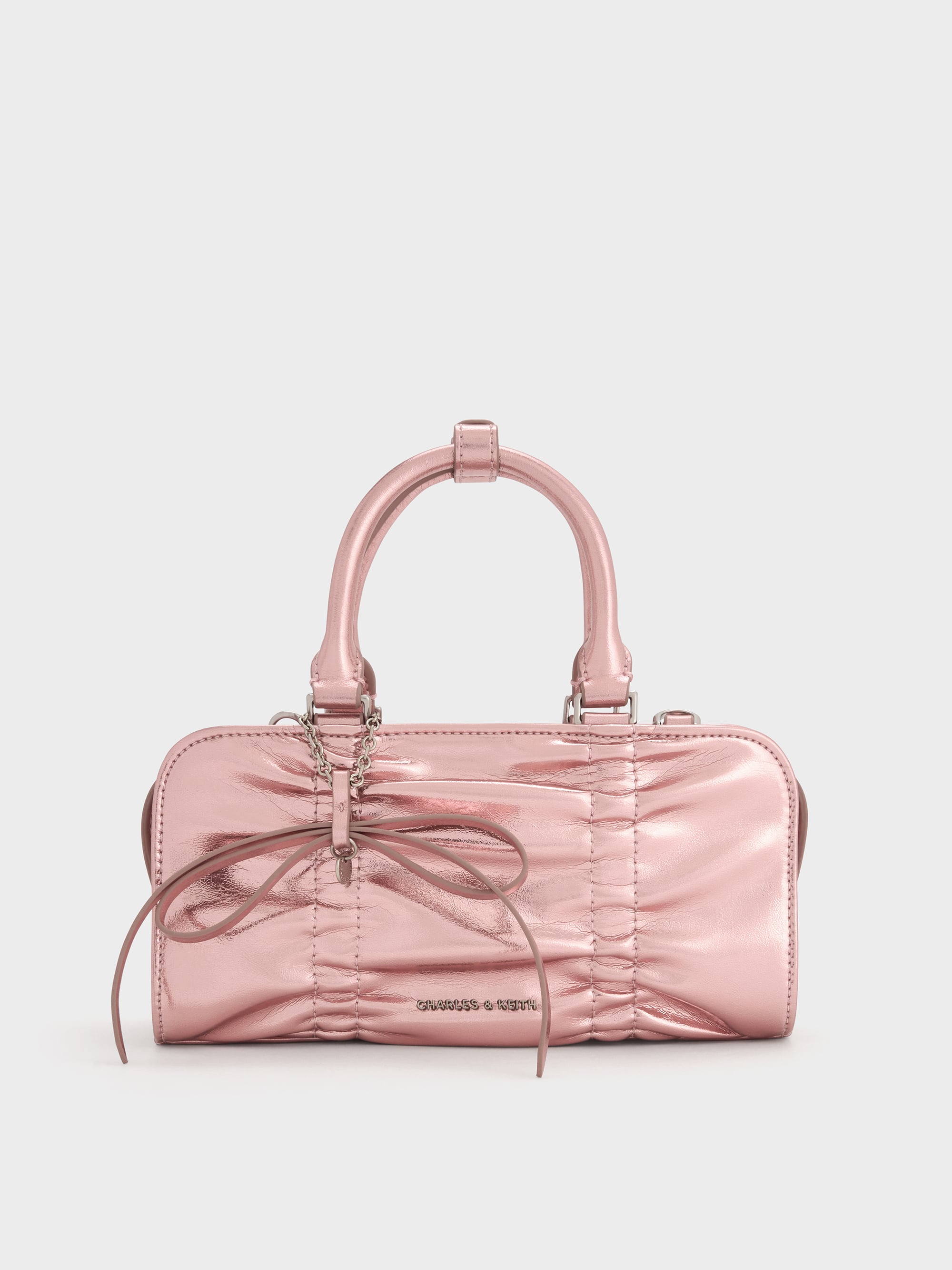 Aura Pink Kadee Metallic Ruched Bow-Charm Bowling Bag - Aura Pink