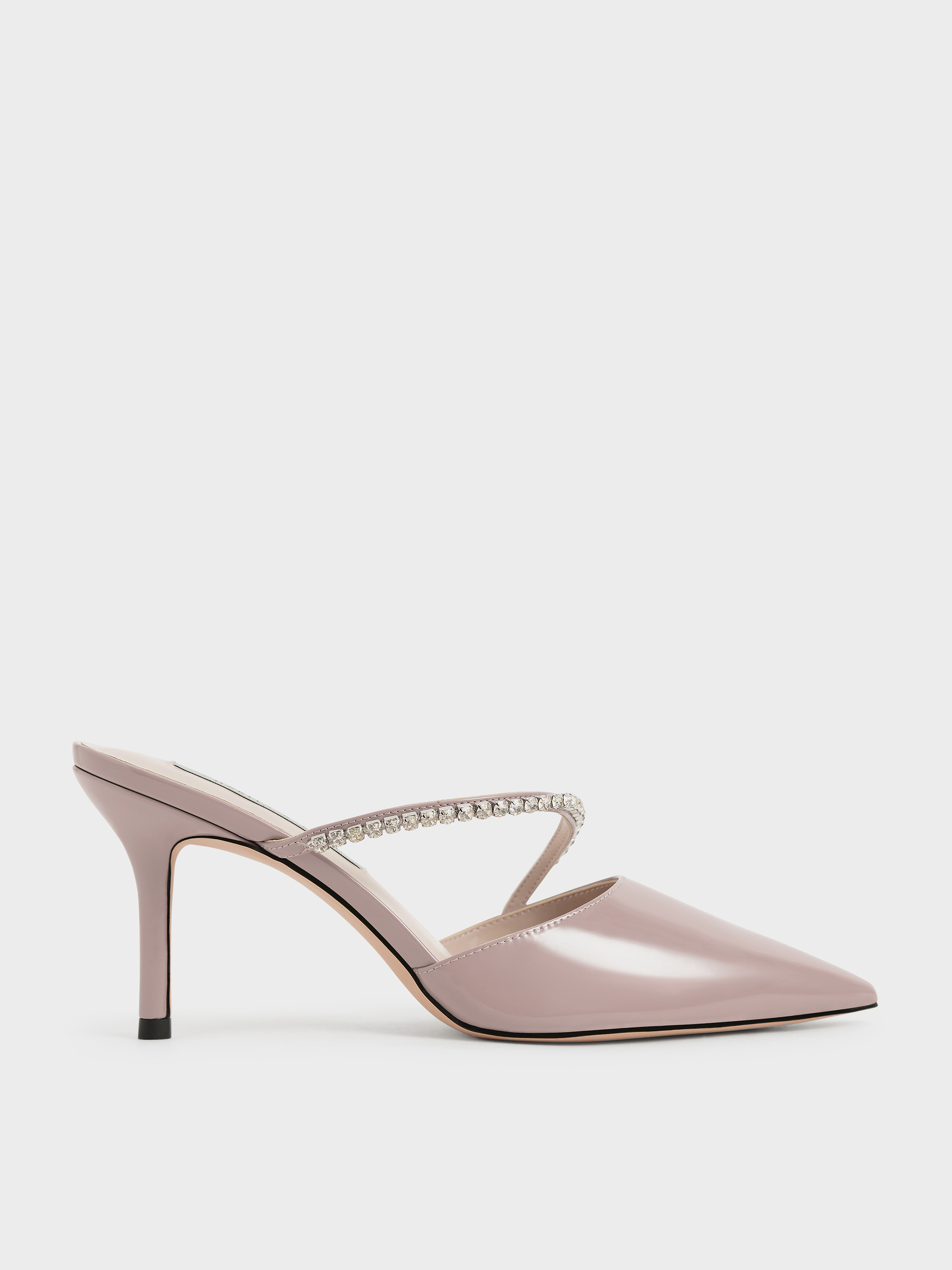 Taupe Gem-Encrusted Patent Mules - CHARLES & KEITH DE