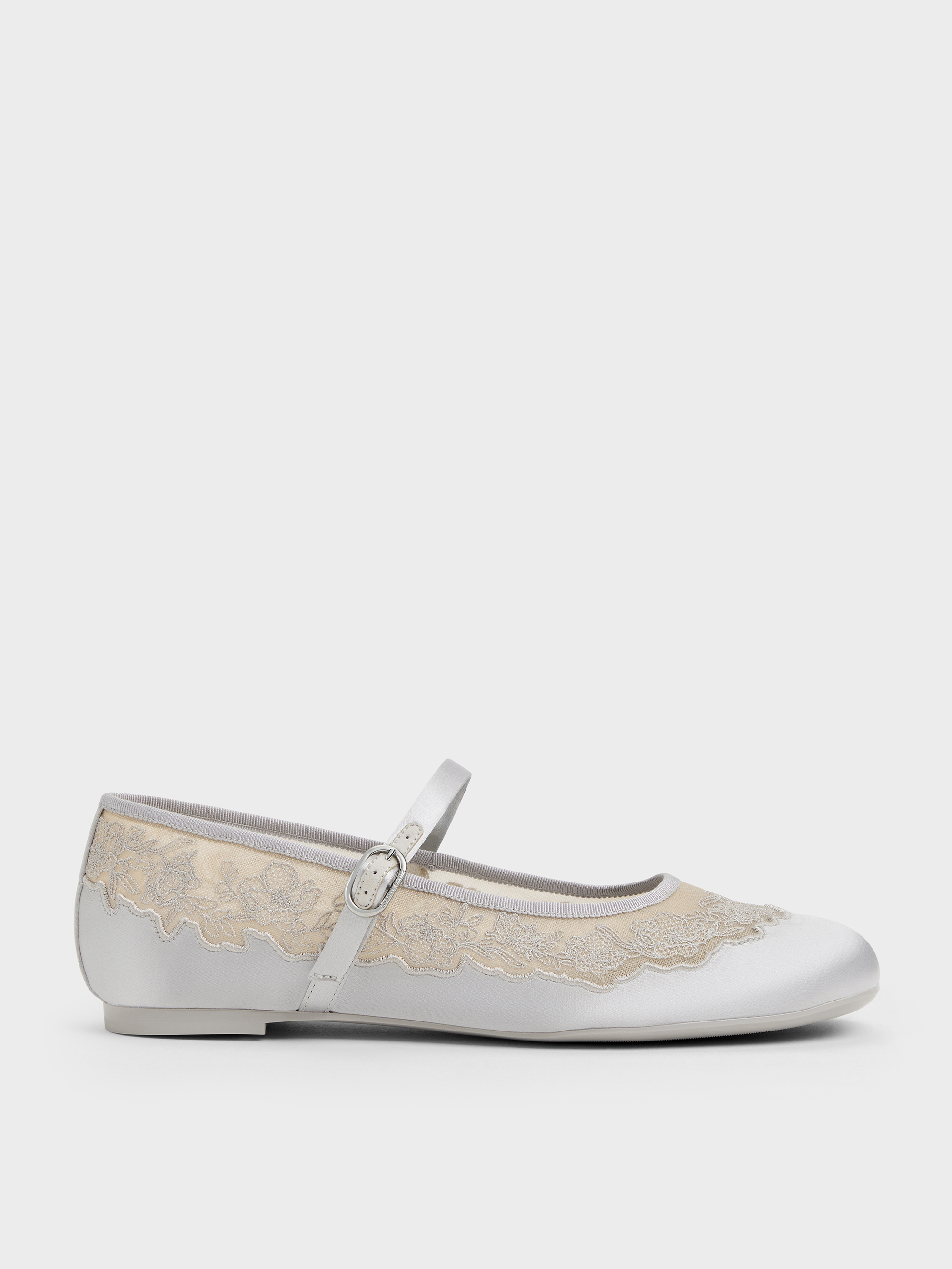 Silver Satin Embroidered-Mesh Mary Jane Flats - Silver - CHARLES