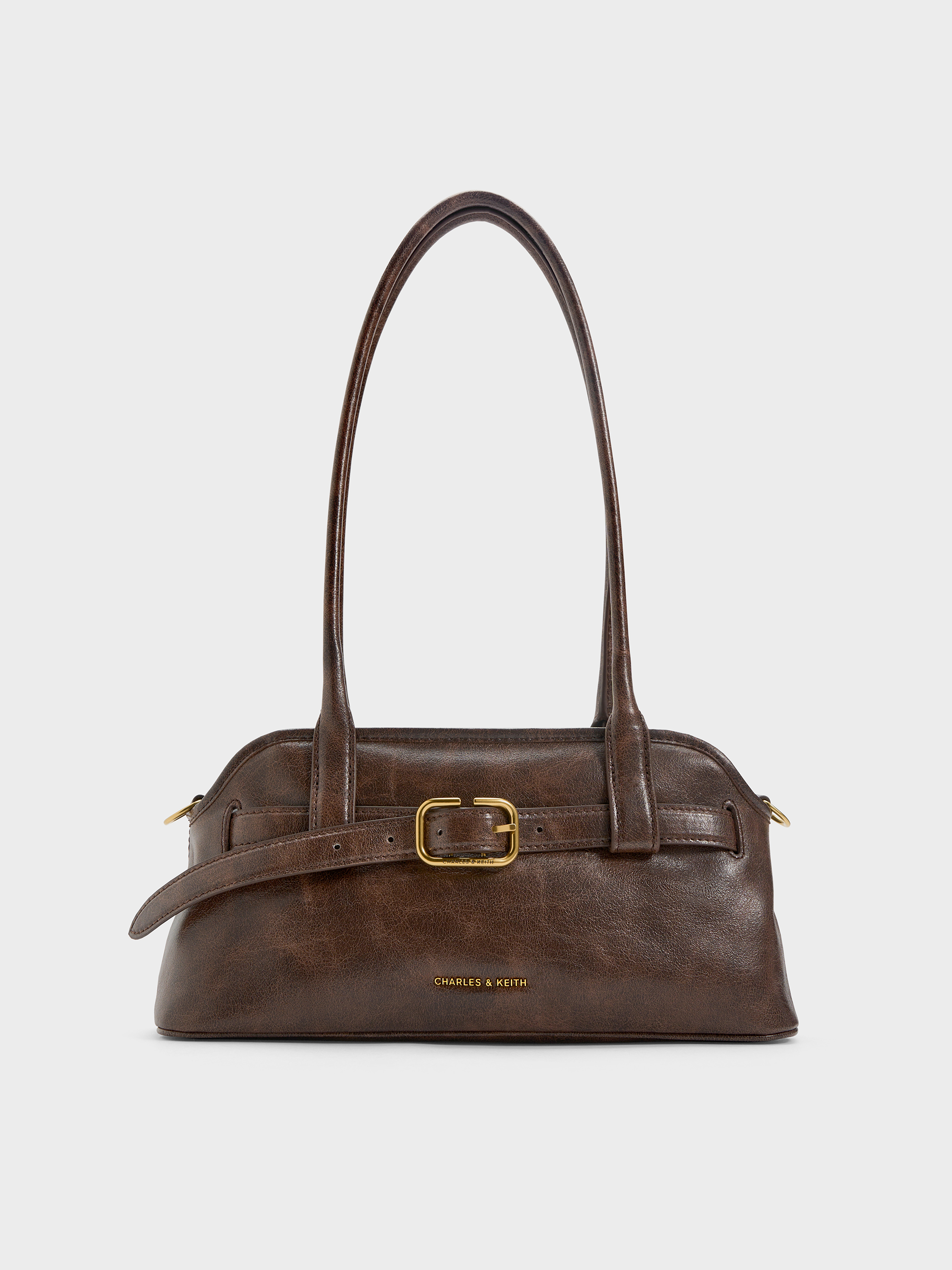 Distressed Coffee Victoria Studded Belted Shoulder Bag