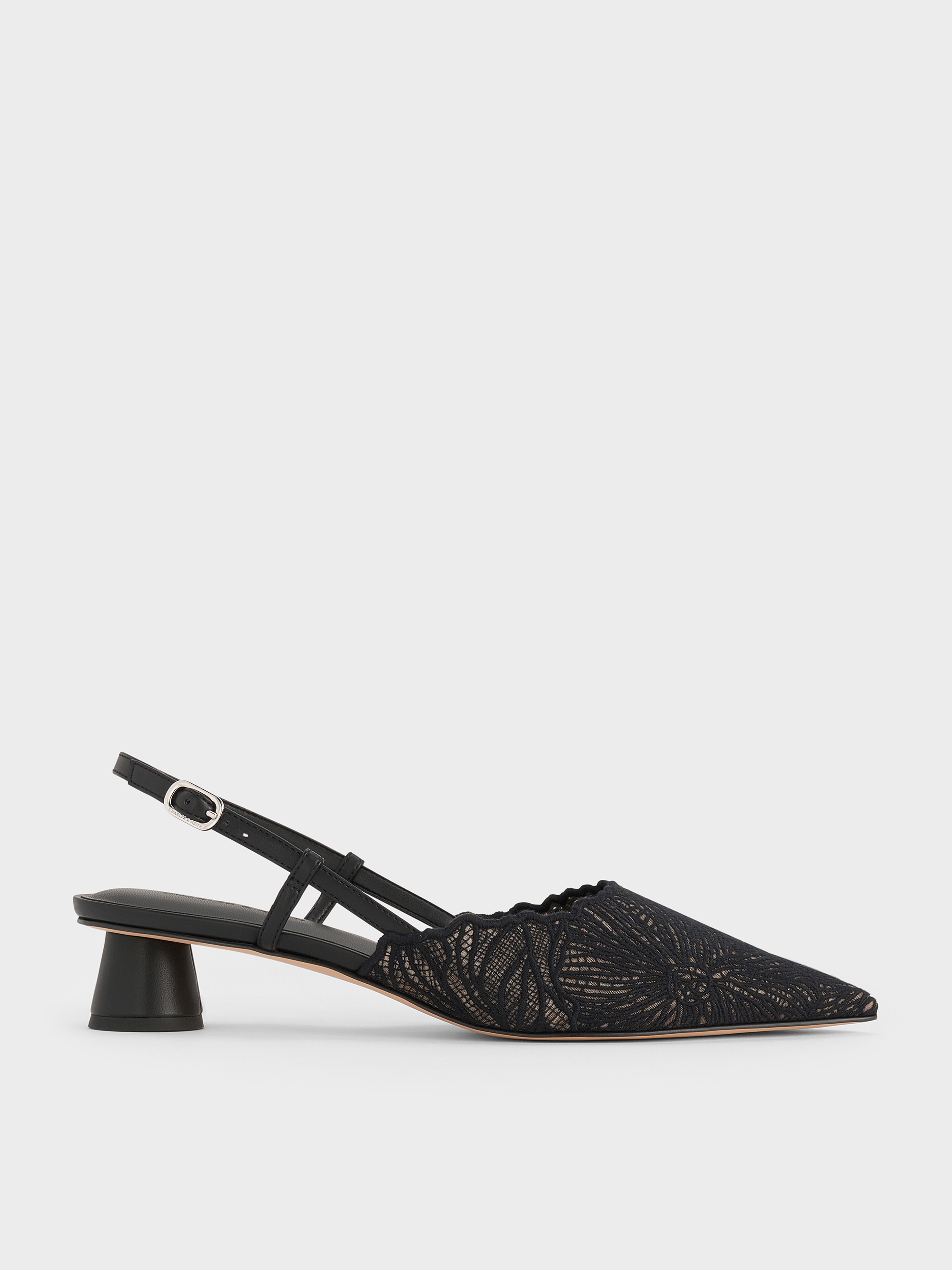 Black Textured Meja Floral Pointed-Toe Slingback Pumps - Black