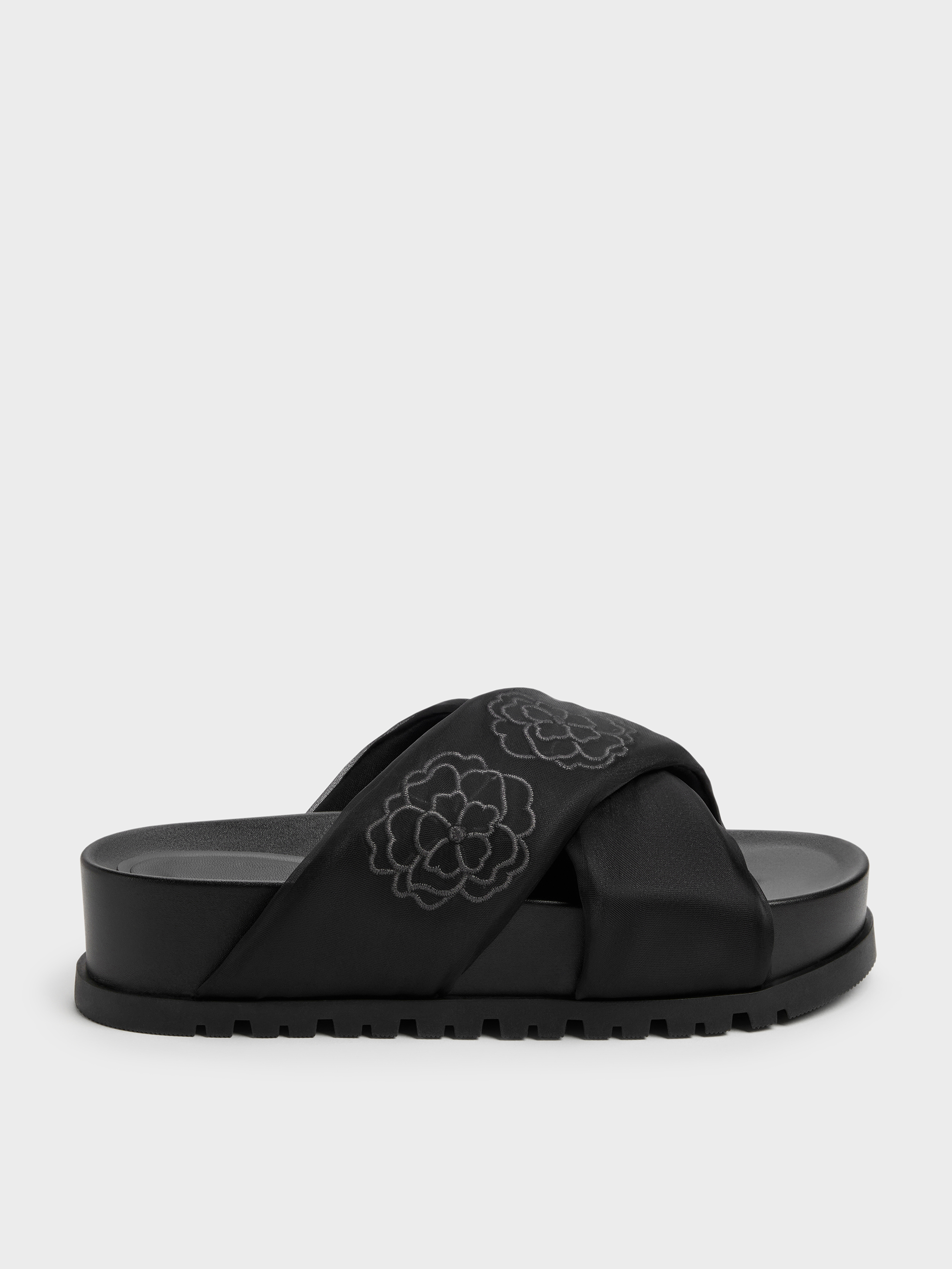 Black Textured Satin Embroidered-Flower Crossover Sandals - Black