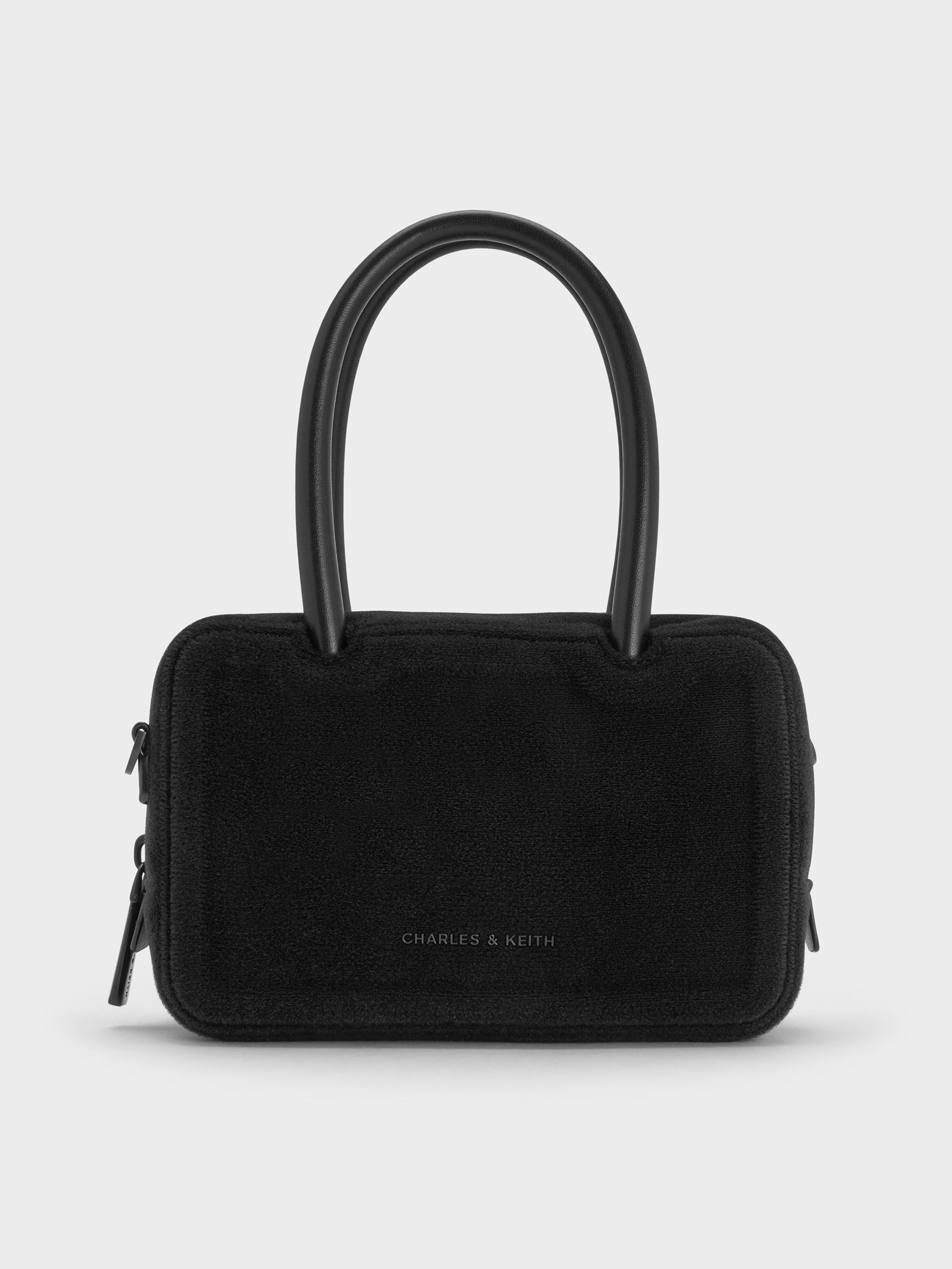 Jet Black Perline Boxy Top Handle Bag With Floral Appliques - Jet