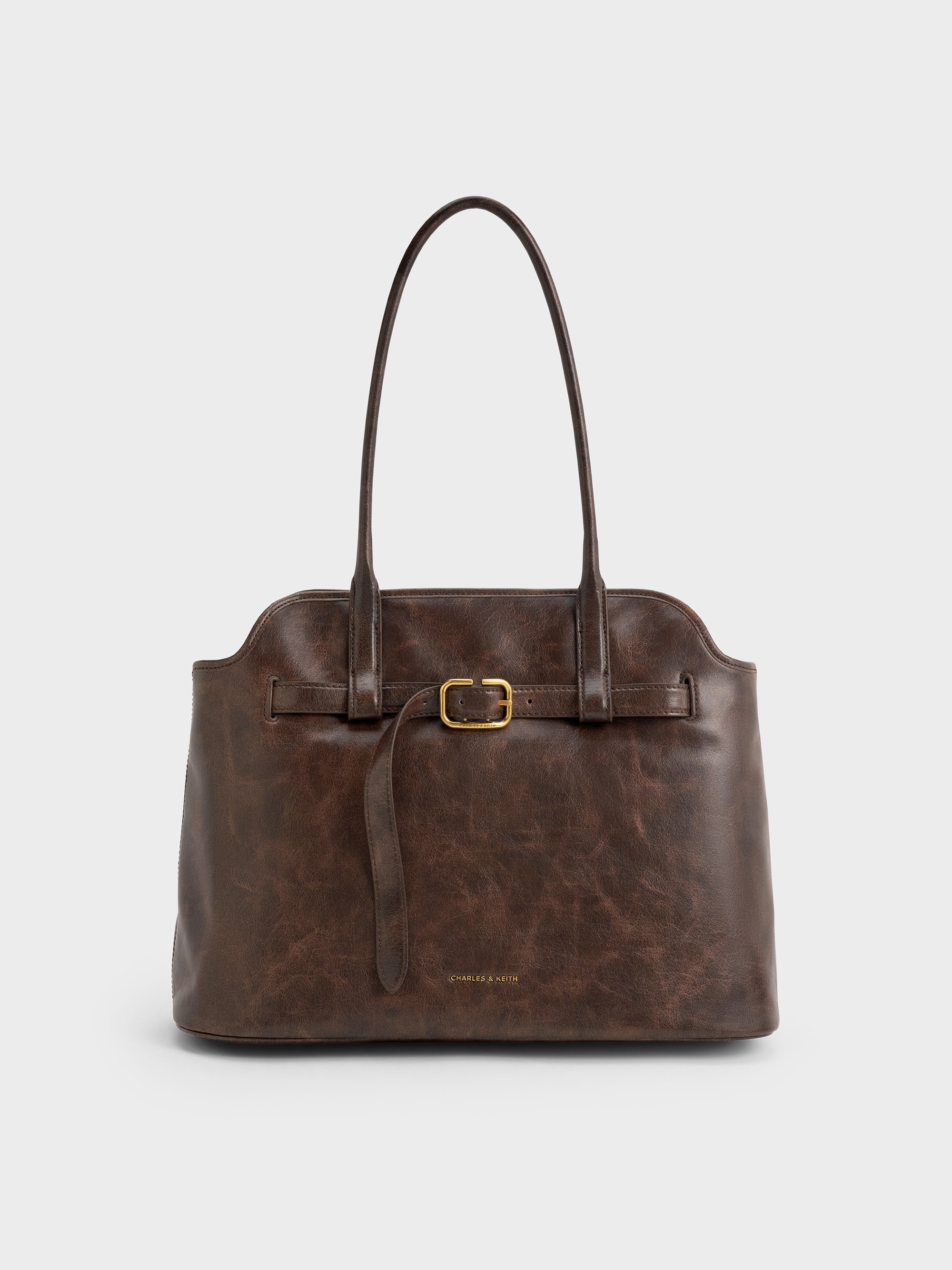 Distressed Coffee Victoria Belted Trapeze Tote Bag - Distressed