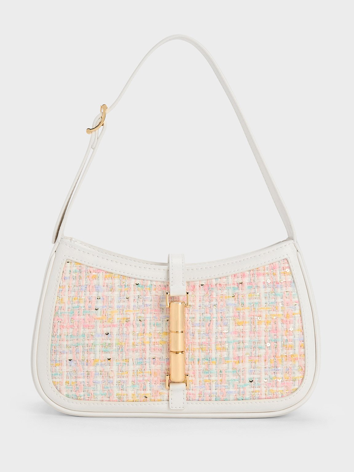 White Cesia Metallic Accent Tweed Shoulder Bag | CHARLES & KEITH