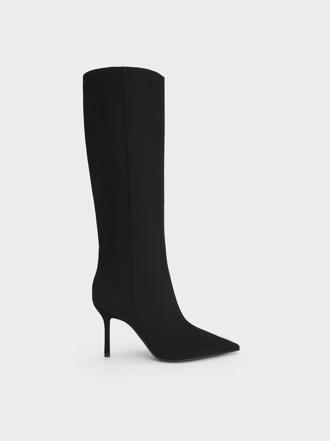 Black Textured Faux Suede Pointed-Toe Stiletto-Heel Knee-High