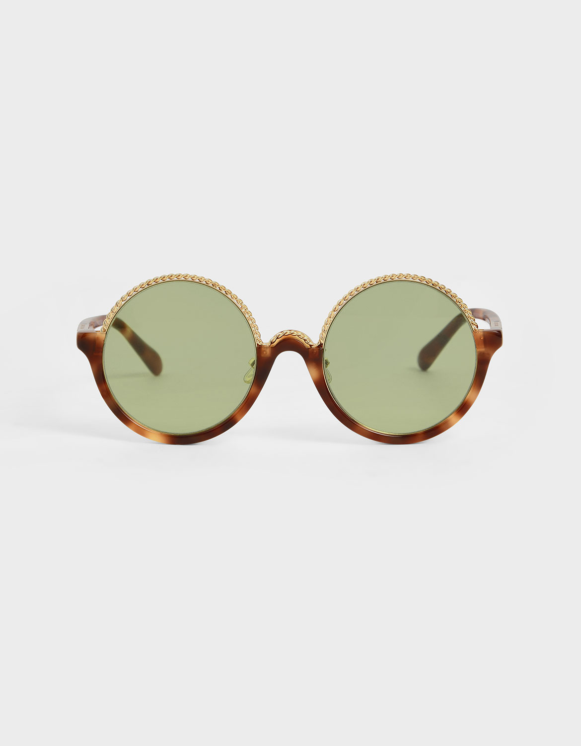 Tortoiseshell Half Frame Embellished Round Sunglasses