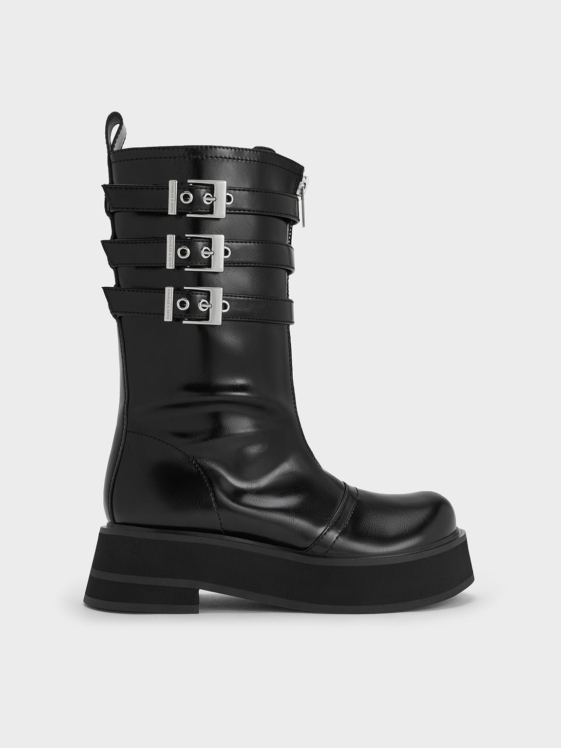 Black Nikki Triple-Buckle Calf Boots - Black - CHARLES & KEITH SI