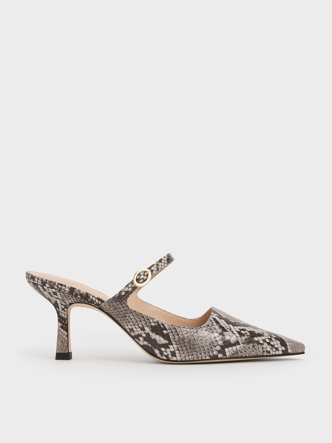 Animal Print Natural Snake-Print Buckle-Strap Heeled Mules