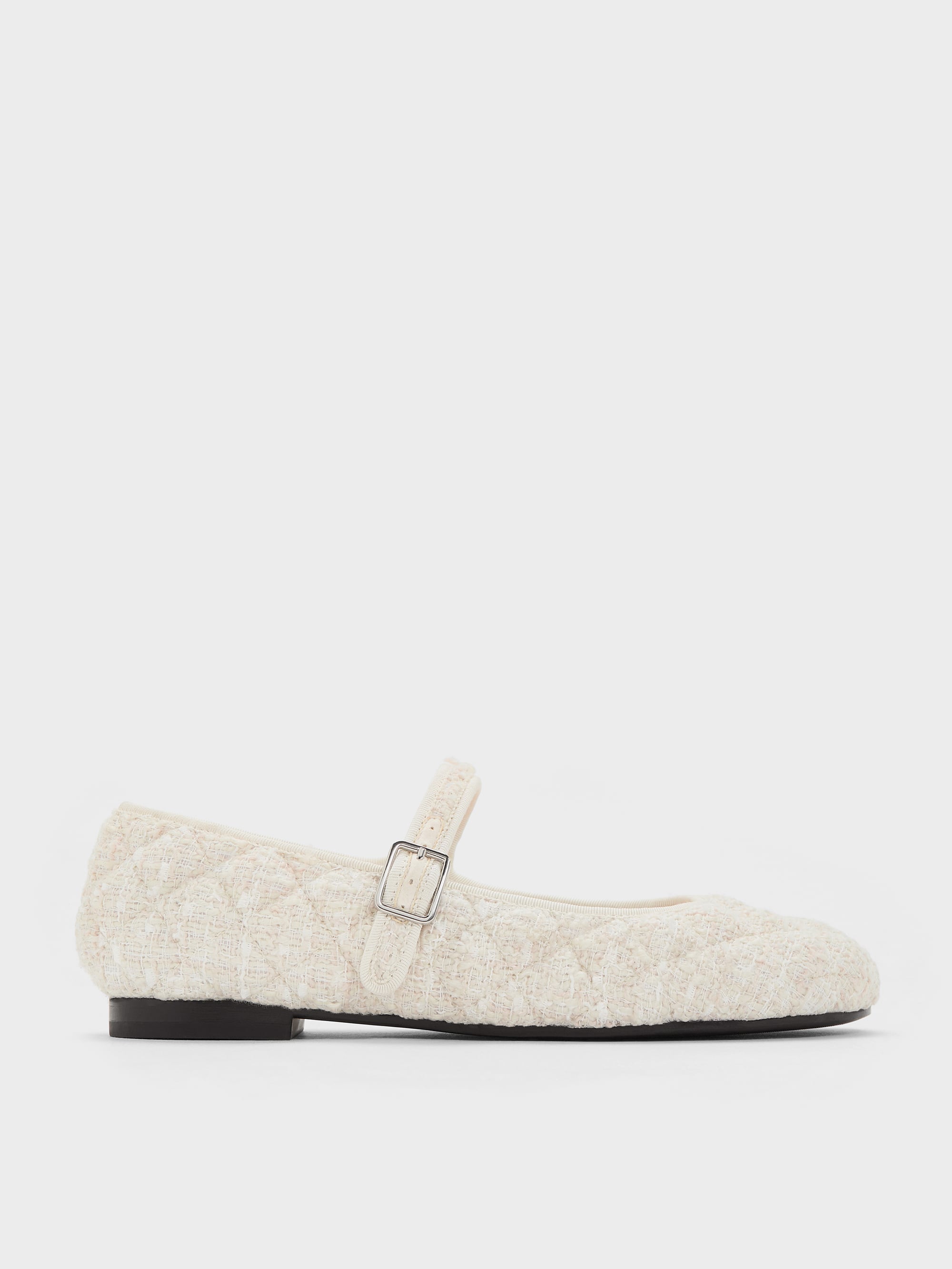 【新品】Tweed Single Strap Flats ecru 38 White Carmel Tweed Quilted Mary Jane Flats - White - CHARLES