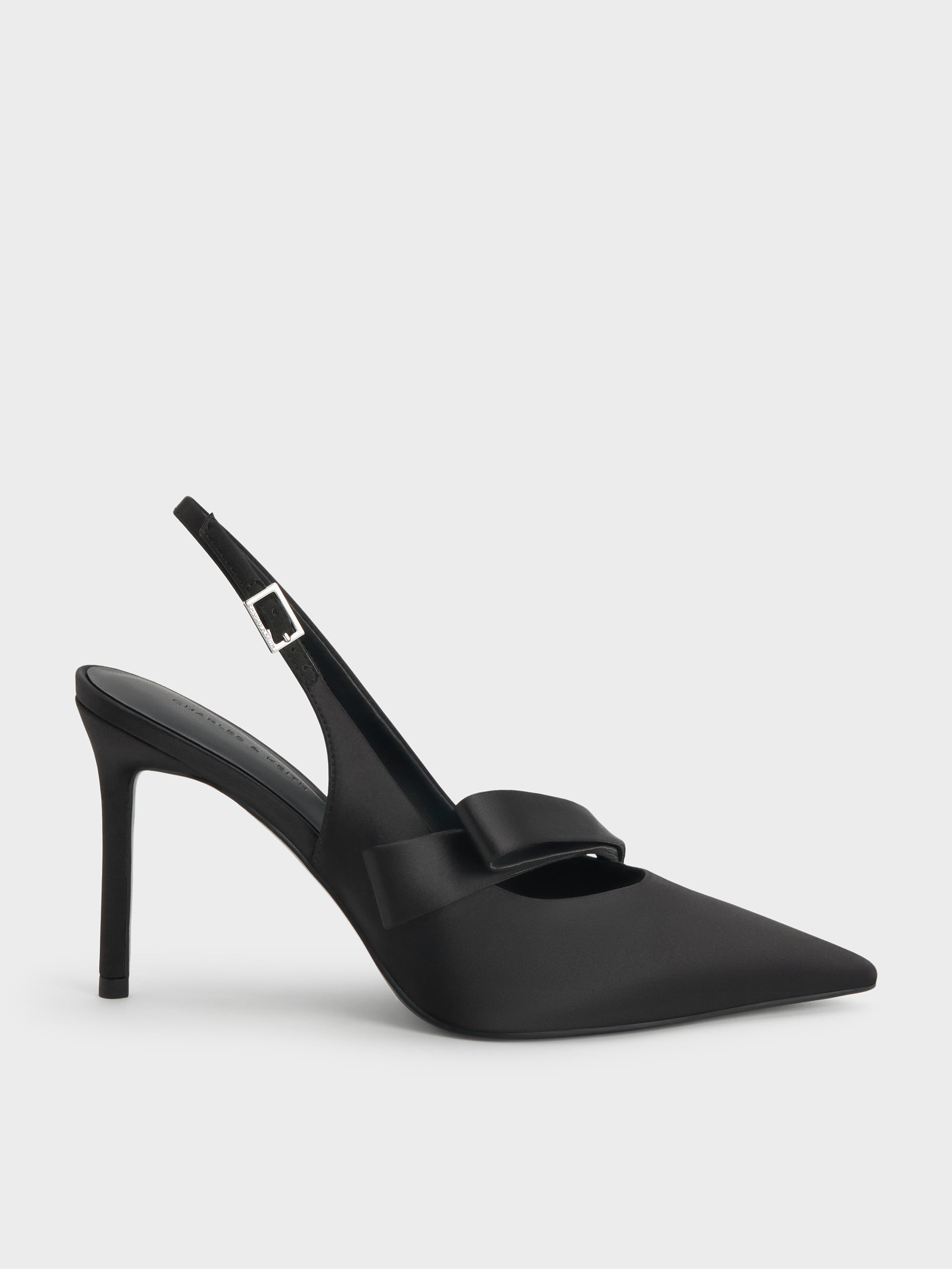 Black Textured Satin Pleated-Strap Slingback Pumps - Black