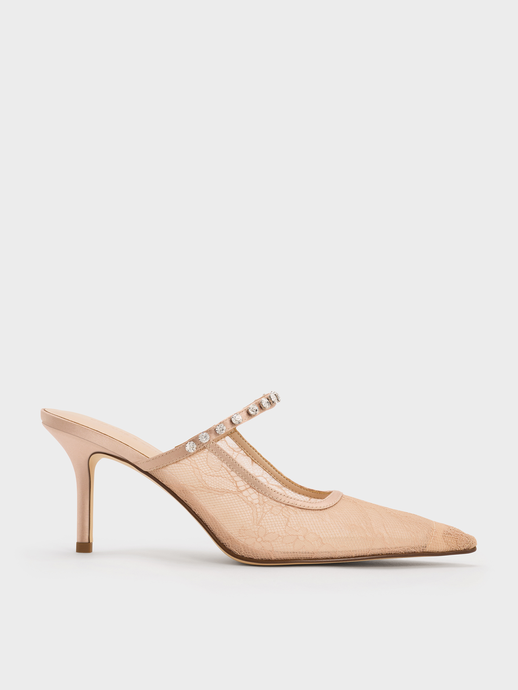 Nude Lace & Satin Crystal Heeled Mules - Nude - Shoes - CHARLES